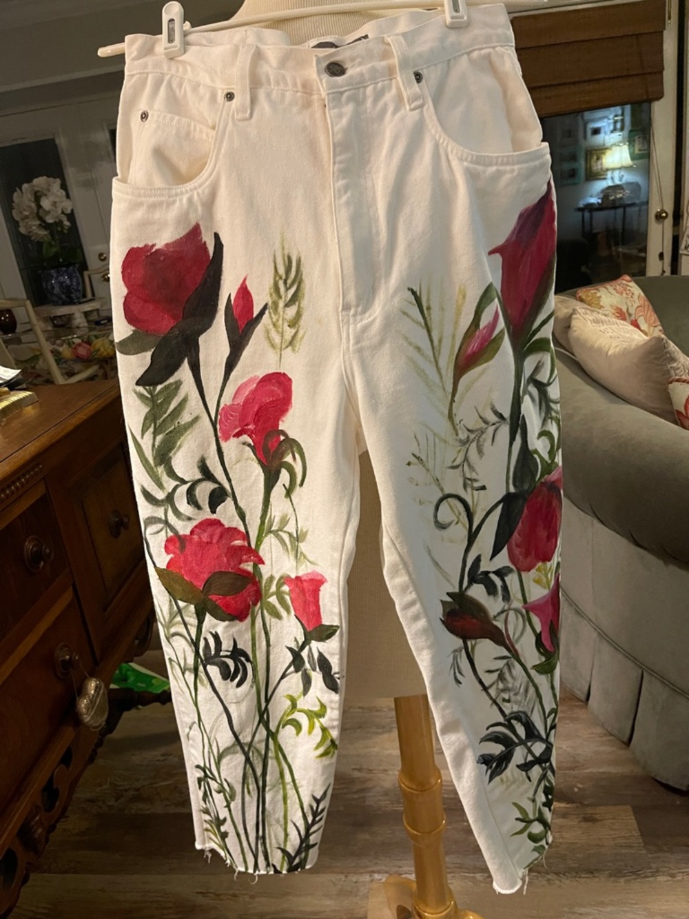The Limited White Pants with Hand-Painted Pink & Green Floral Design